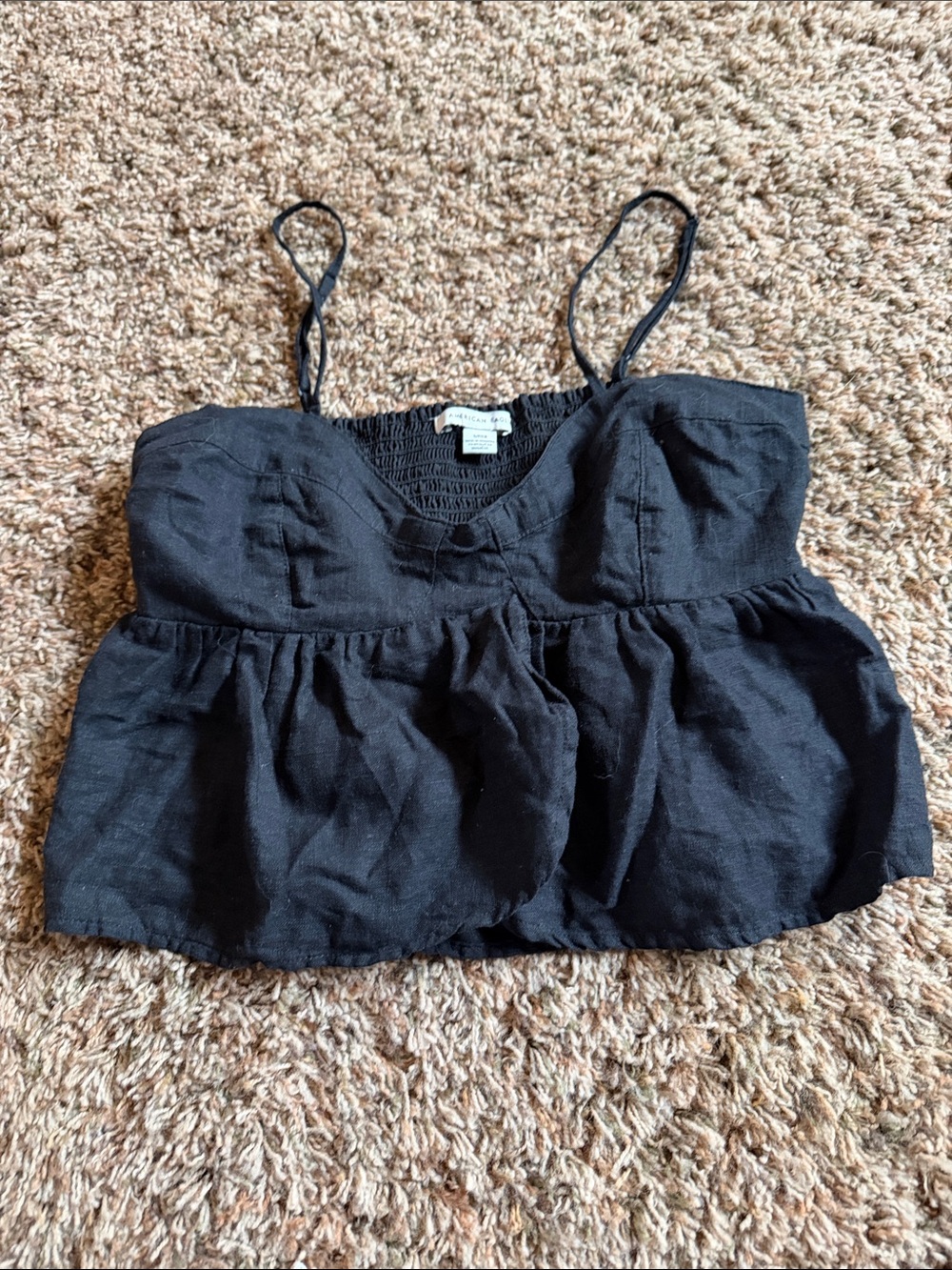 American Eagle Outfitters linen Black Spaghetti Strap Peplum Crop Top